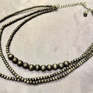 Gray Silver Multi-Strand Necklace with Adjustable Clasp and Graduated Beads
